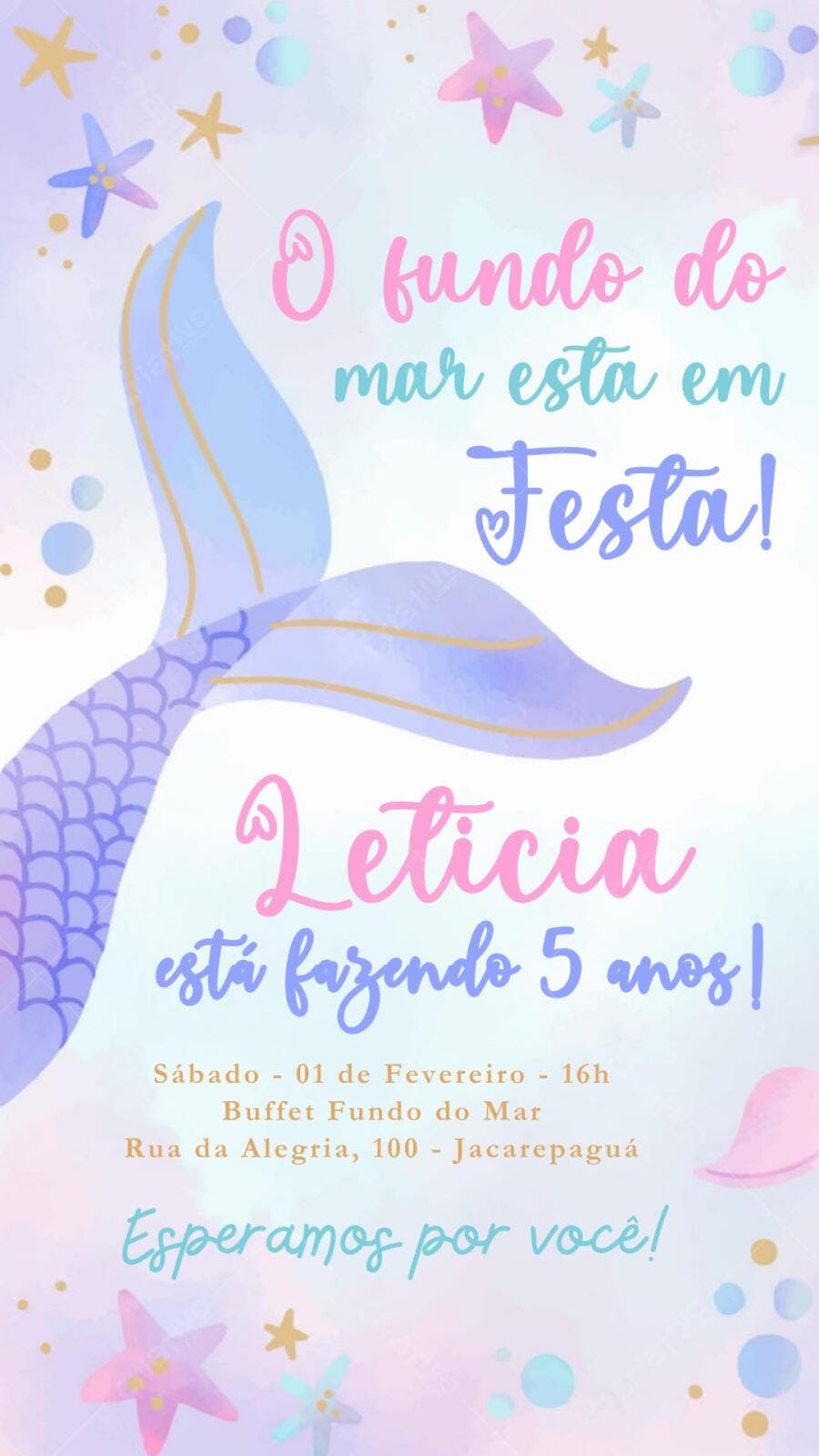 Convite Aniversário Sereia Fundo do Mar 5 Anos Editável