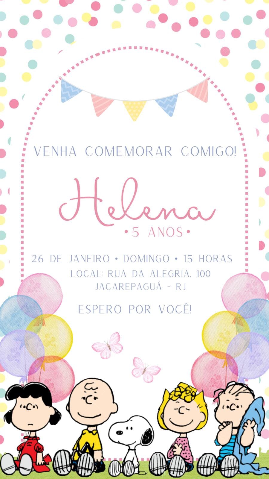 Convite Aniversário Snoopy e Peanuts 5 Anos Editável