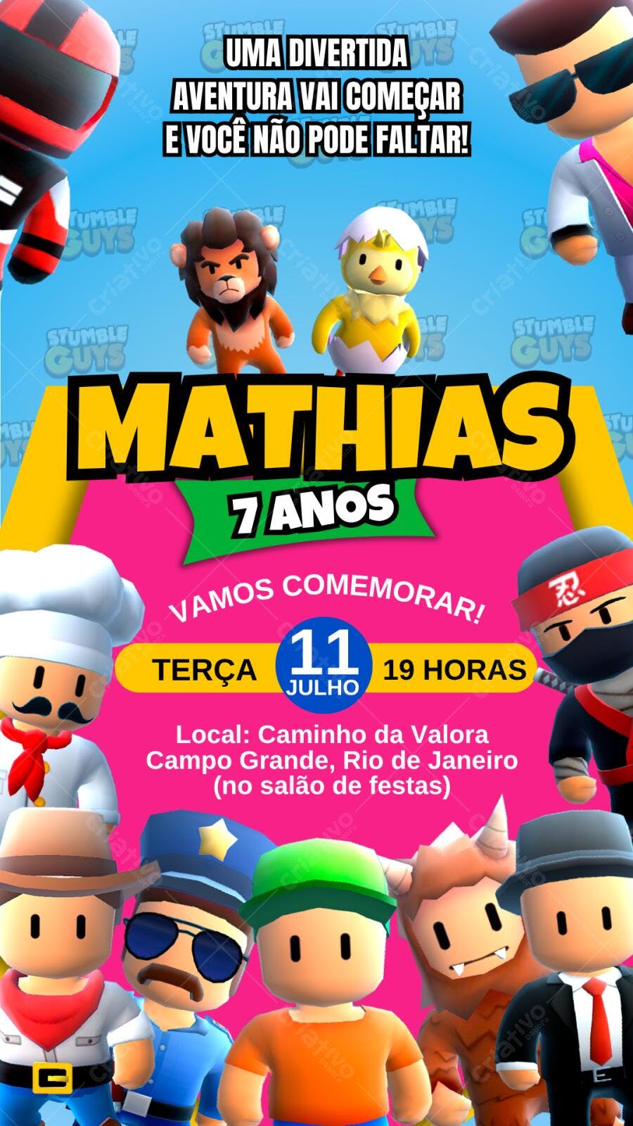Convite Aniversário Stumble Guys 7 Anos Editável