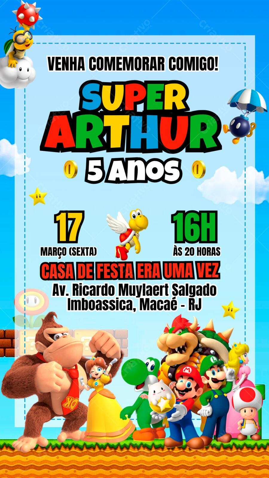 Convite Aniversário Super Mario Bros 5 Anos Editável