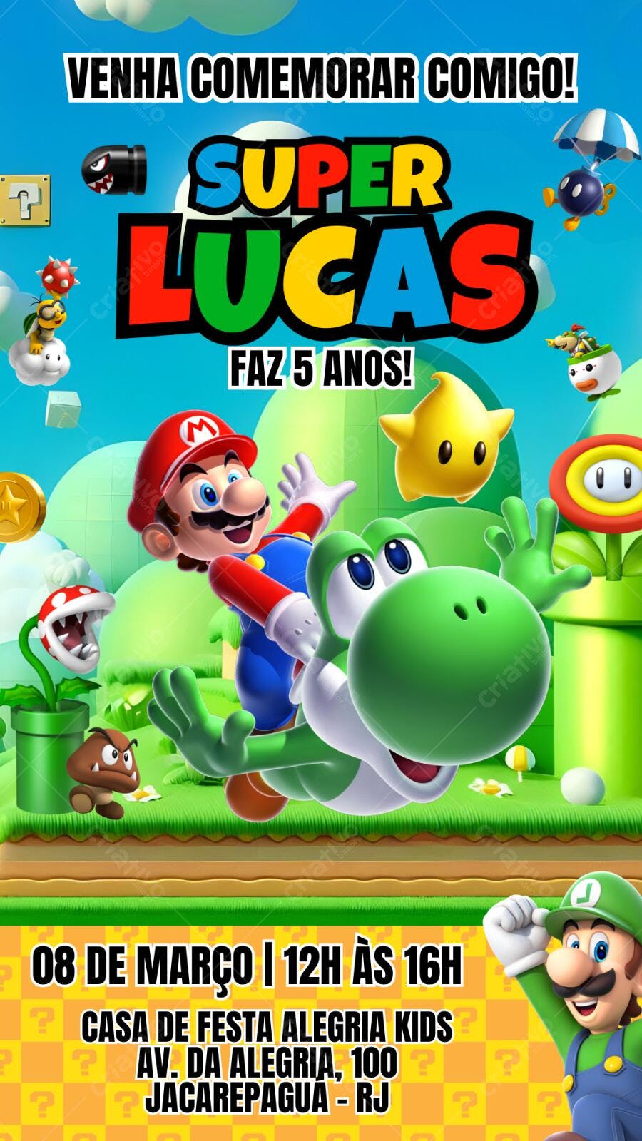 Convite Aniversário Super Mario Bros Yoshi 5 Anos Editável