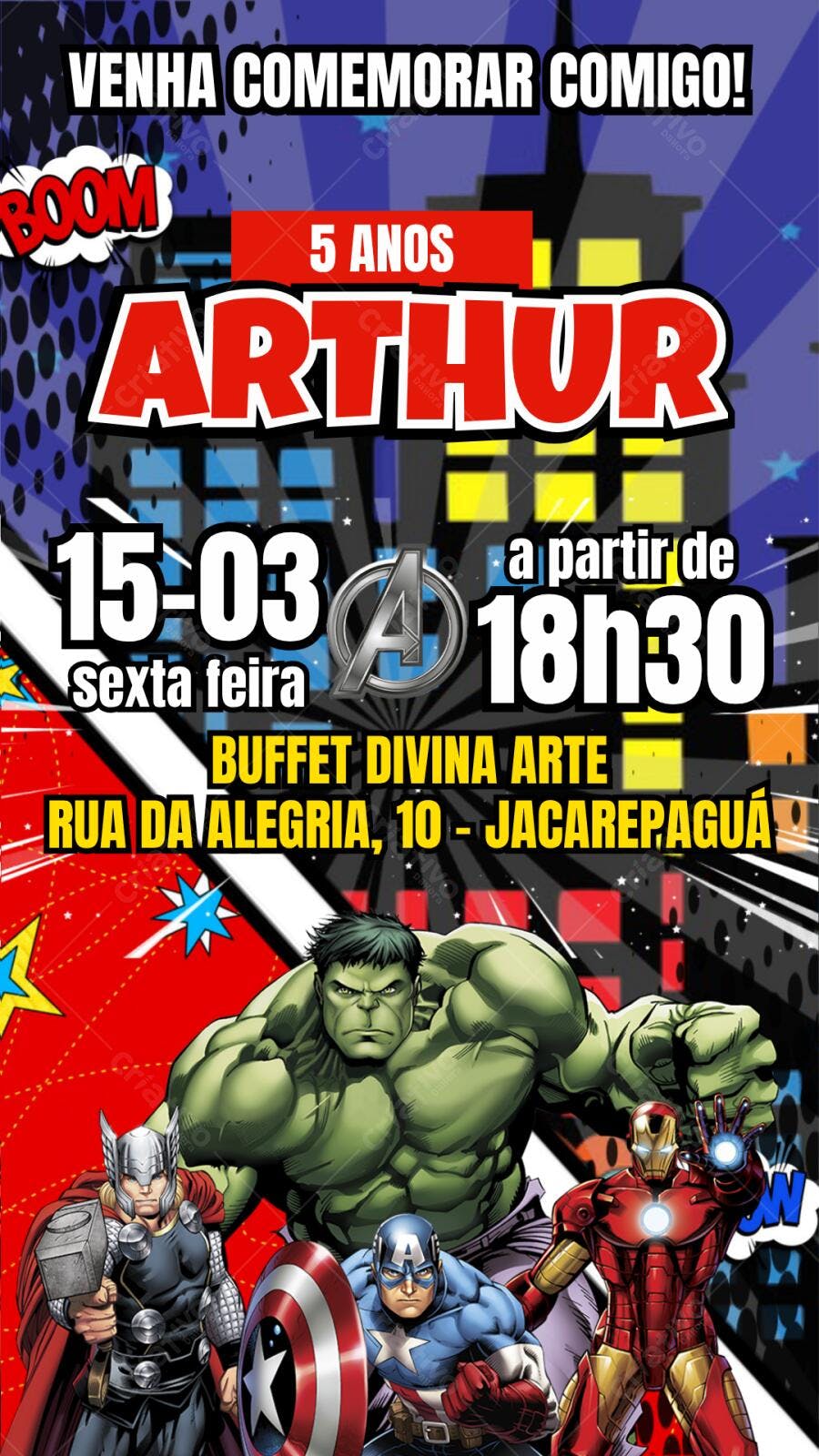 Convite Aniversário Vingadores 5 Anos Editável