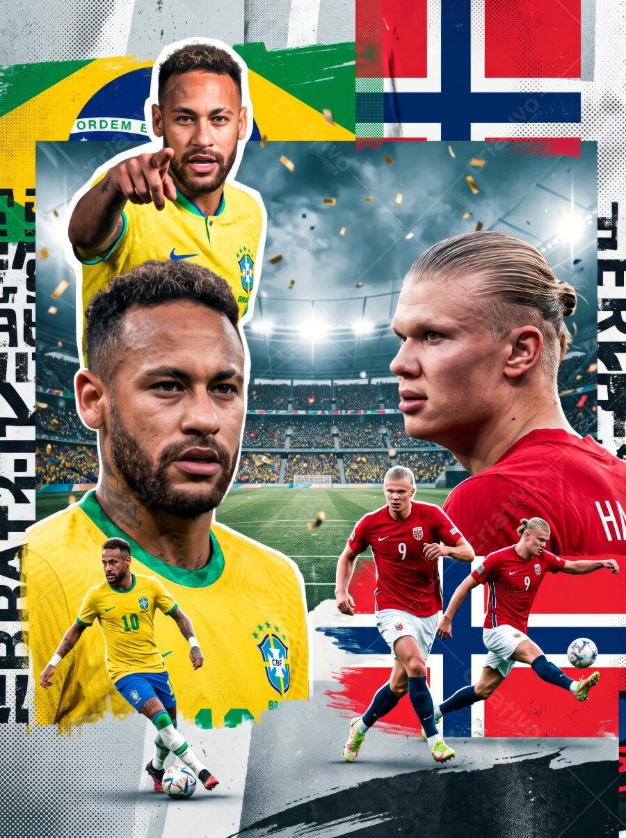 Flyer Futebol Brasil Noruega Neymar Haaland Copa do Mundo