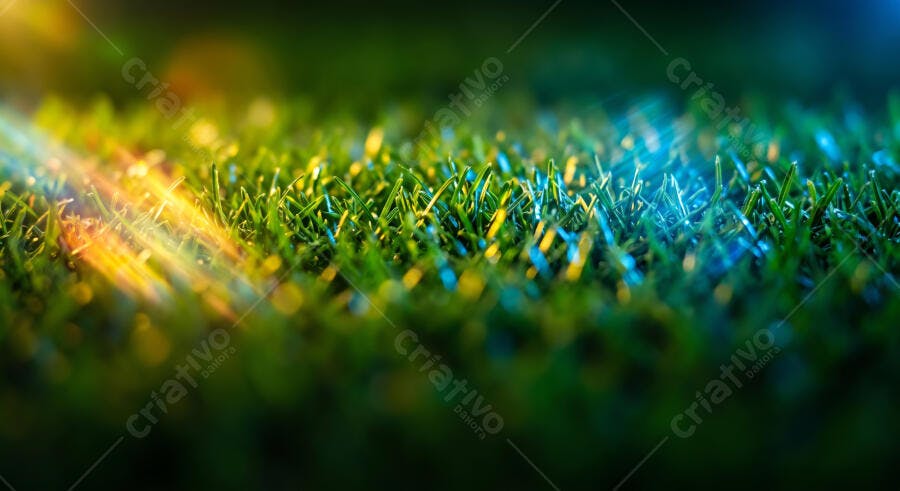 Foto Grama Verde Iluminação Neon Azul Amarelo Foco Seletivo