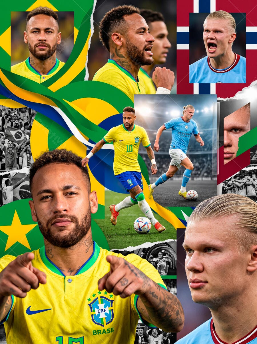 Foto Neymar e Haaland Jogadores Futebol Fundo Bandeiras Brasil Noruega