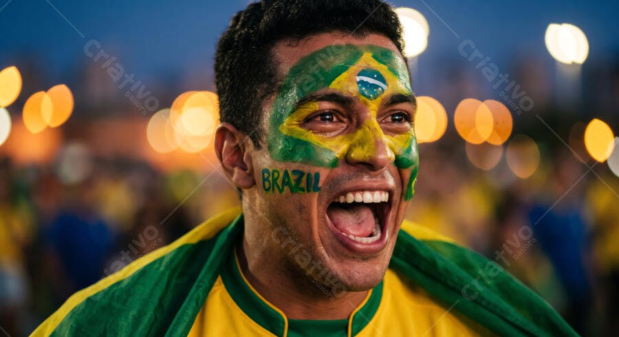Foto Torcedor Brasileiro Pintura Facial Bandeira Brasil Celebrando