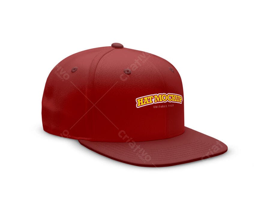 Mockup Boné Snapback Vermelho 3/4 Fundo Branco Editável
