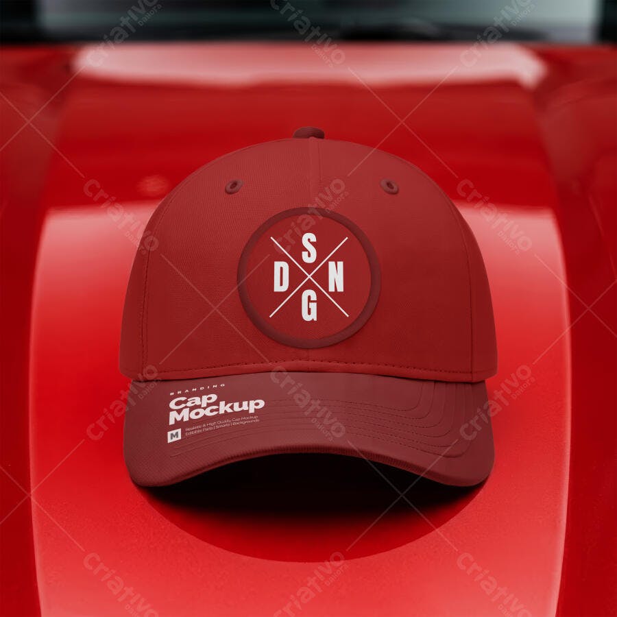 Mockup Boné Vermelho Frontal Fundo Brilhante Editável