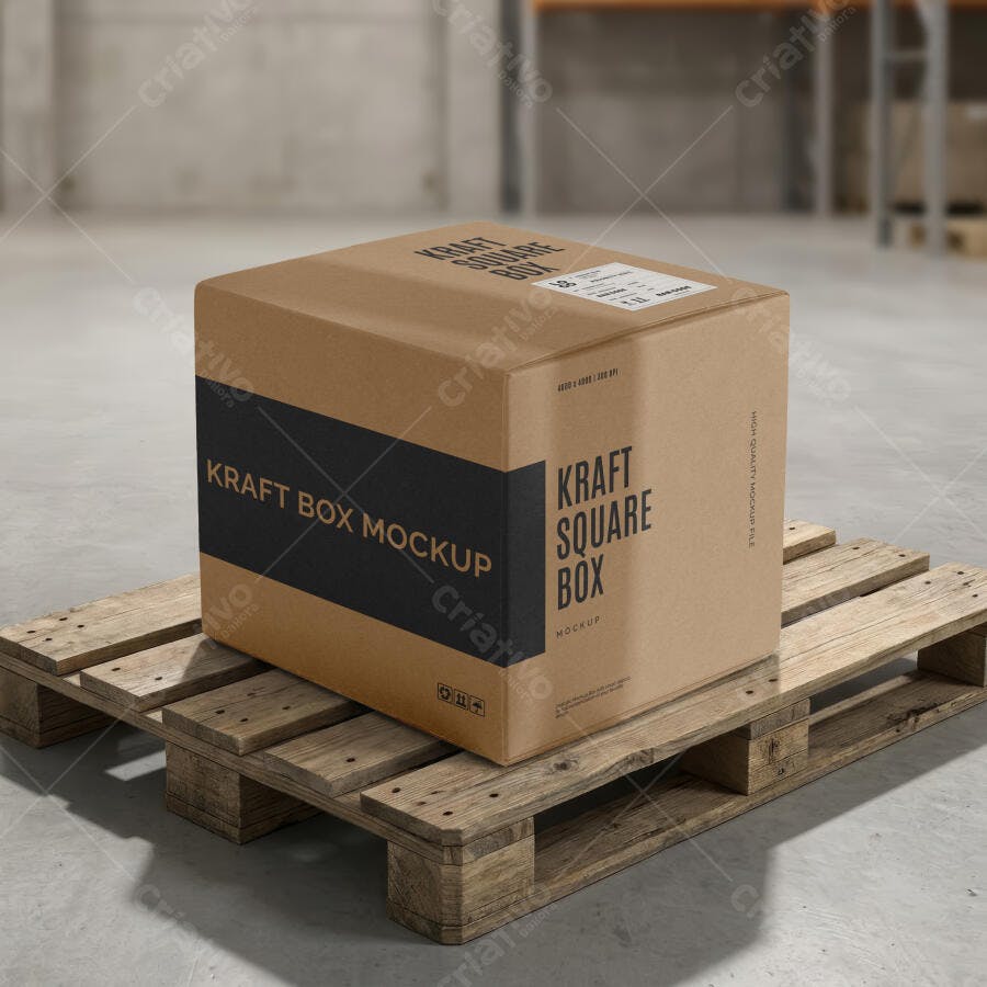 Mockup Caixa Quadrada Kraft Pallet Armazém Editável