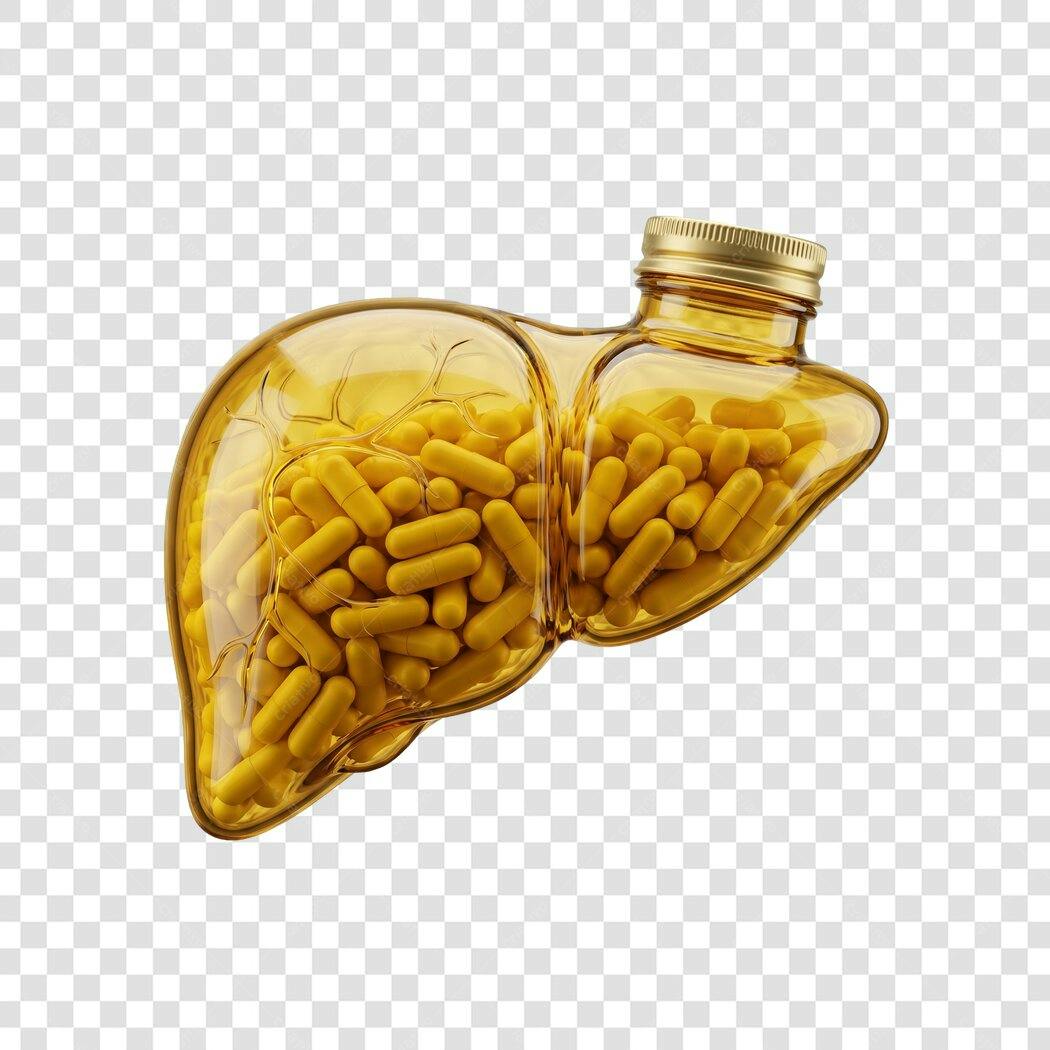 Elemento 3D Fígado com Cápsulas Amarelas PNG Fundo Transparente