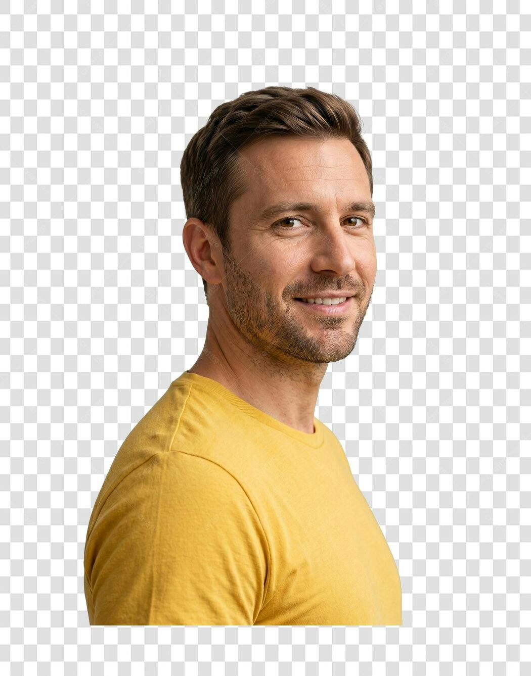 Foto Recortada Homem Sorrindo Camiseta Amarela PNG Fundo Transparente