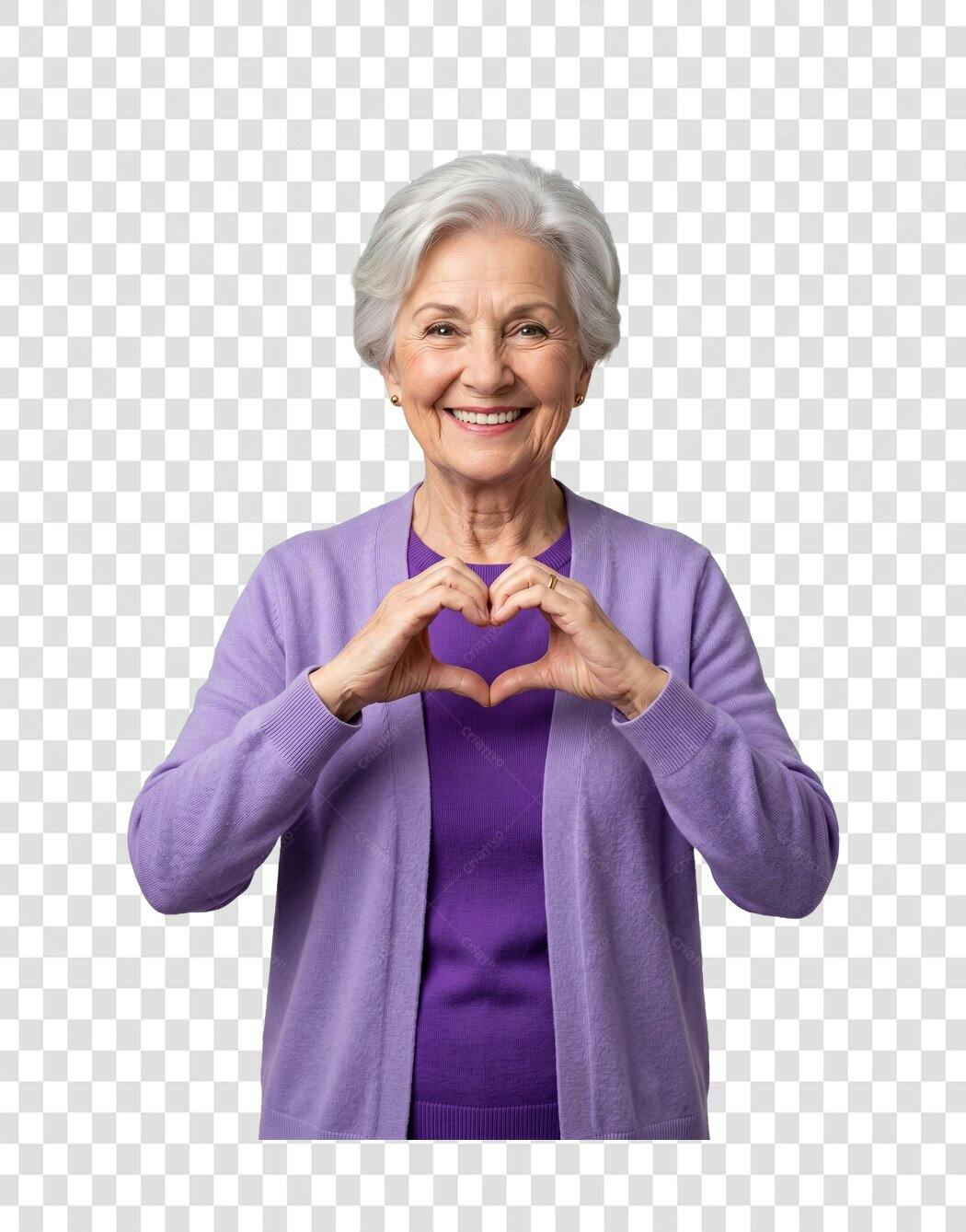Foto Recortada Idosa Feliz Coração Roxo PNG Fundo Transparente