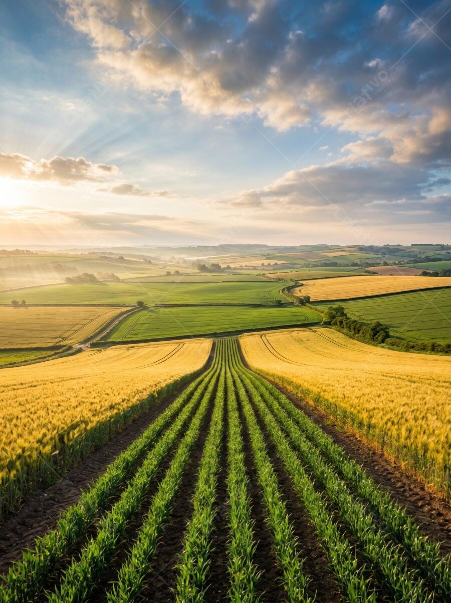 Textura Campo Agrícola Verde Amarelo com Céu Azul para Fundo