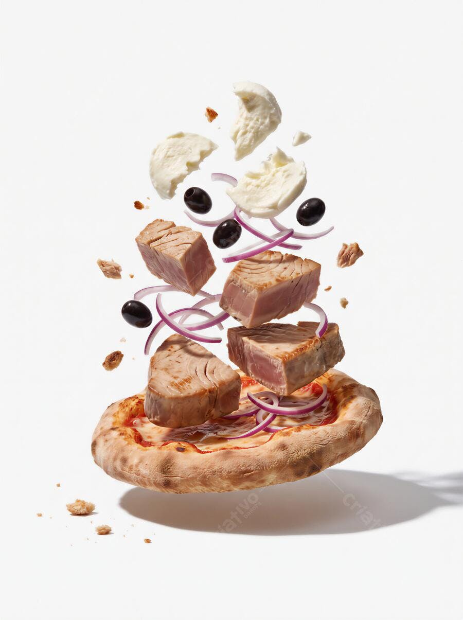 Foto Pizza de Atum Ingredientes Flutuando Fundo Branco Estúdio