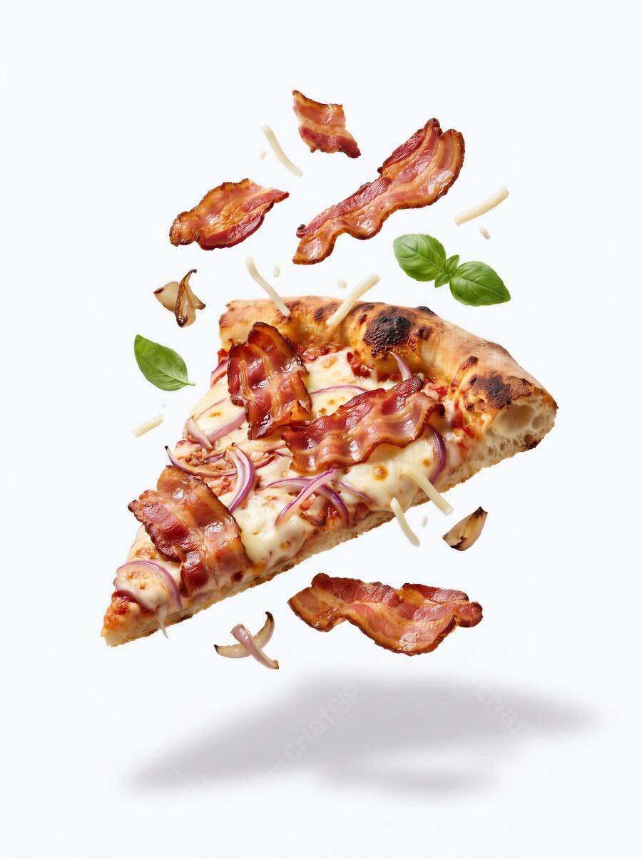 Foto Pizza de Bacon Flutuando Ingredientes Brancos Estúdio