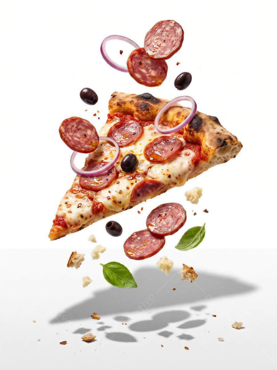 Foto Pizza Fatia Saborosa Ingredientes Flutuando Fundo Branco