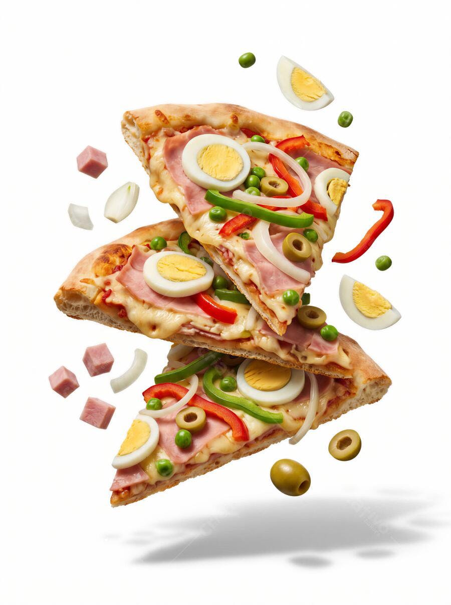 Foto Pizza Portuguesa Fatias Flutuantes Ingredientes Brancos