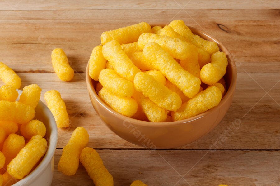 Foto Salgadinho de Milho Tipo Cheetos em Tigela Mesa de Madeira