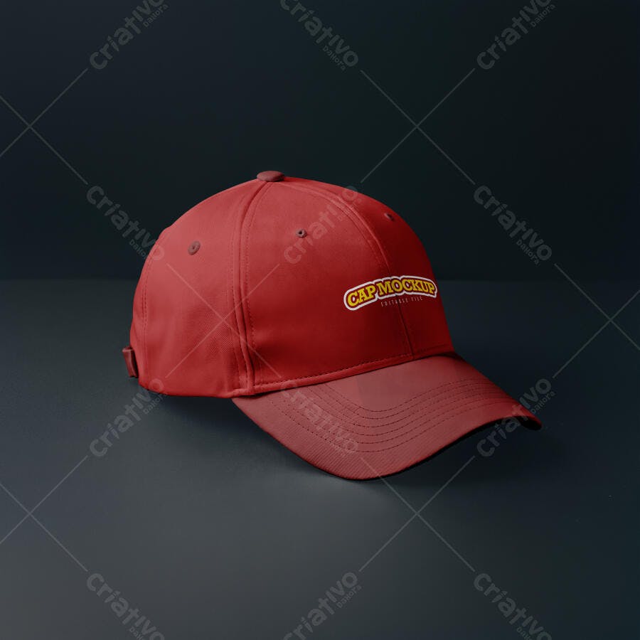 Mockup Boné Vermelho 3/4 Fundo Escuro Editável