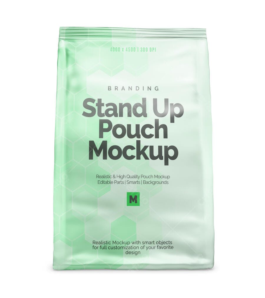 Mockup Embalagem Stand Up Pouch Frontal Fundo Branco Editável