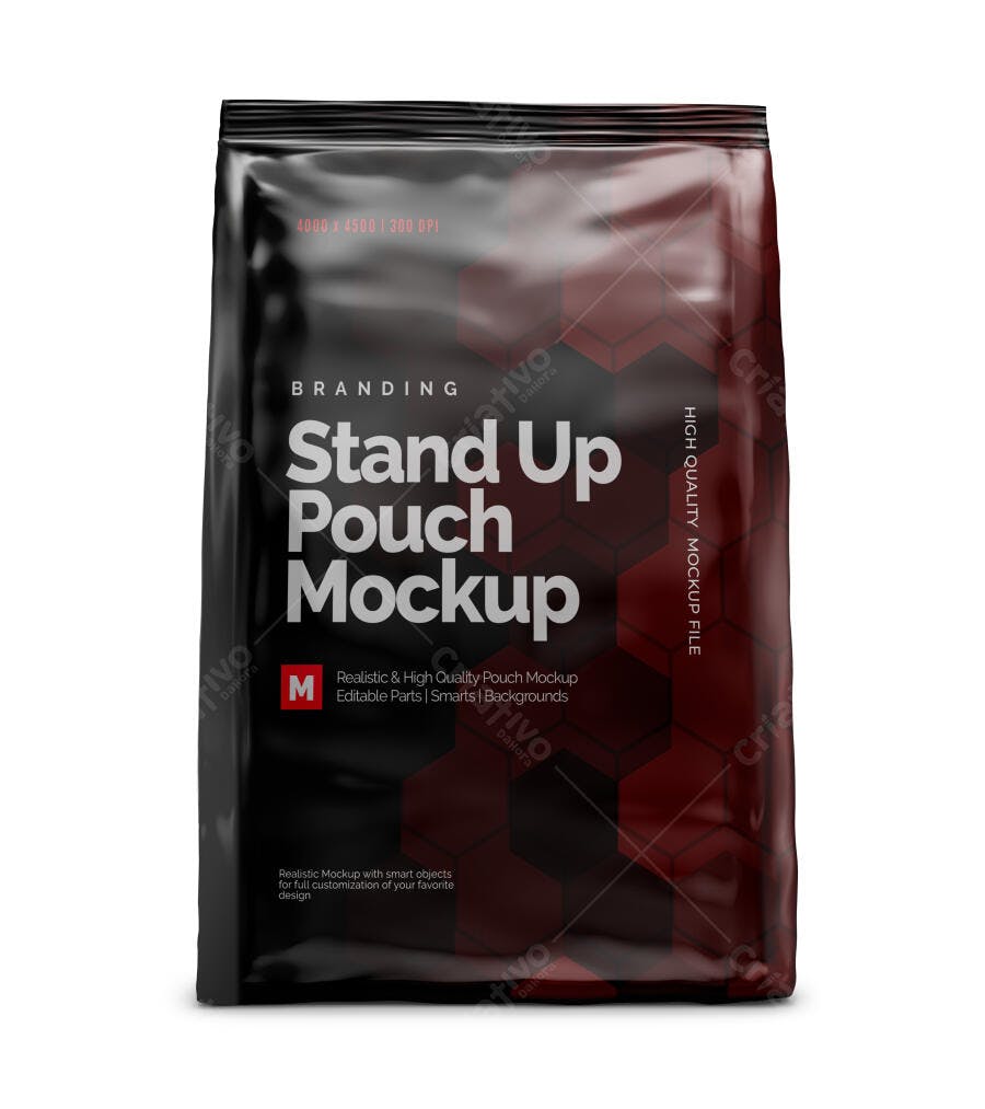 Mockup Embalagem Stand Up Pouch Plástica Frontal Editável