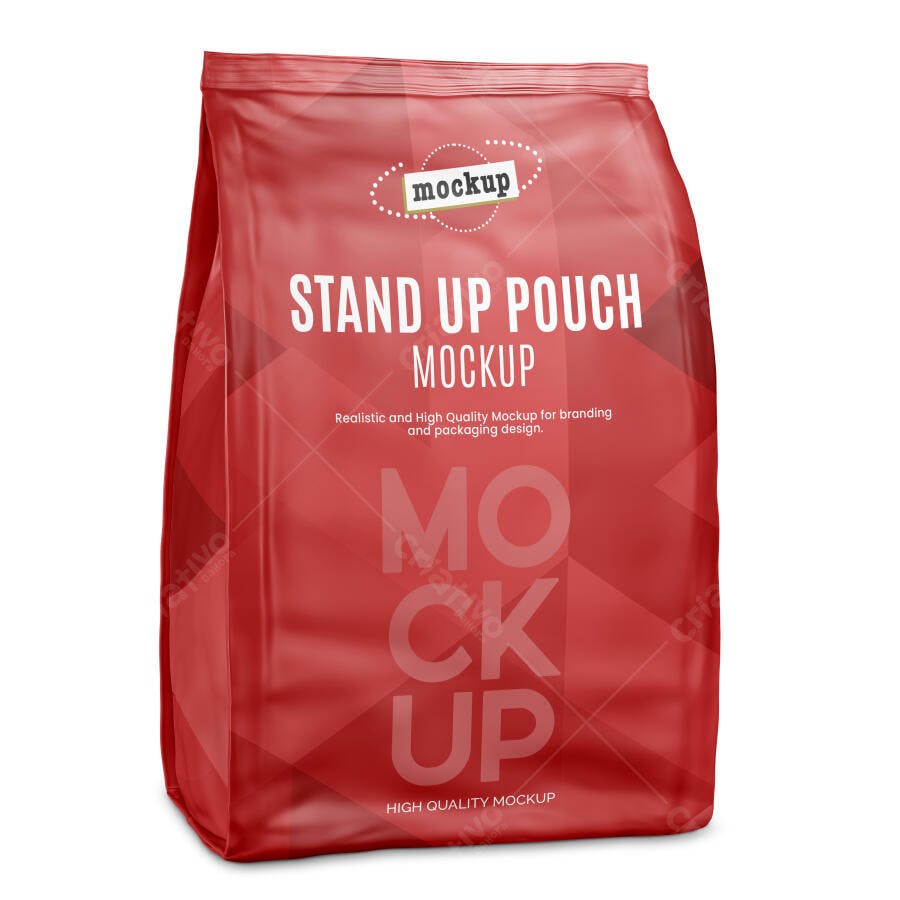 Mockup Embalagem Stand Up Pouch Vermelha Frontal Editável