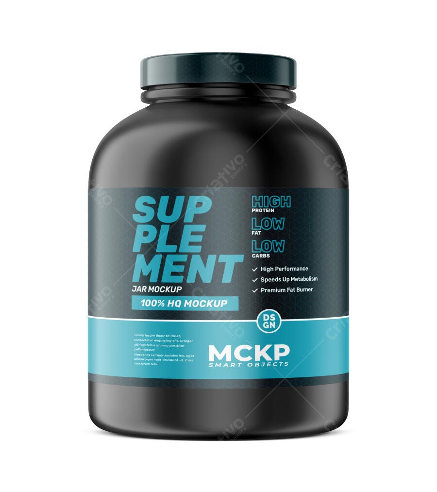 Mockup Frasco Suplemento Fitness Preto Frontal Editável