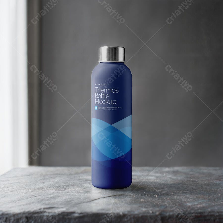 Mockup Garrafa Térmica Metal Frontal Mesa Pedra Editável