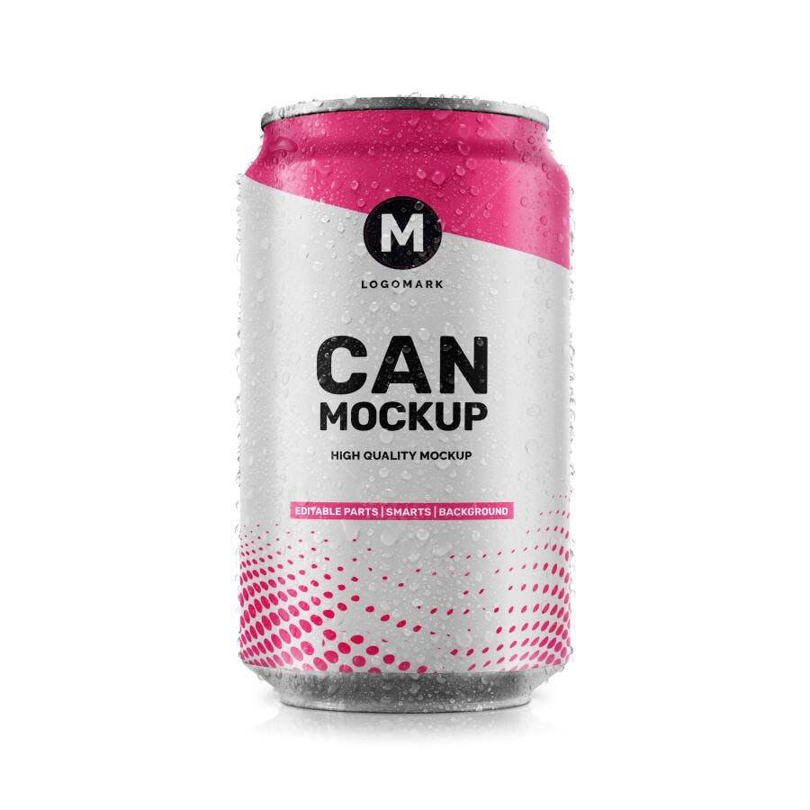 Mockup Lata Refrigerante Alumínio Gotas Água Fundo Branco Editável