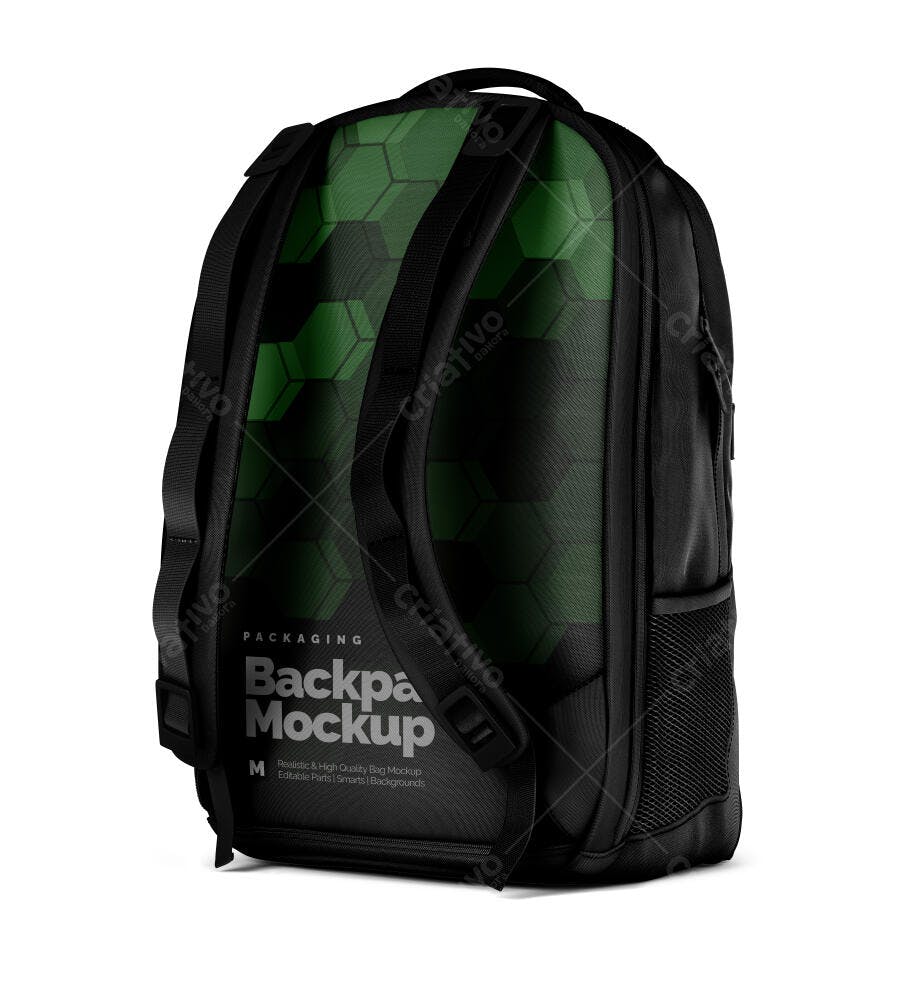 Mockup Mochila Preta Costas Fundo Branco Editável