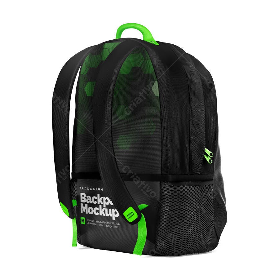 Mockup Mochila Preta Verde 3/4 Fundo Branco Editável
