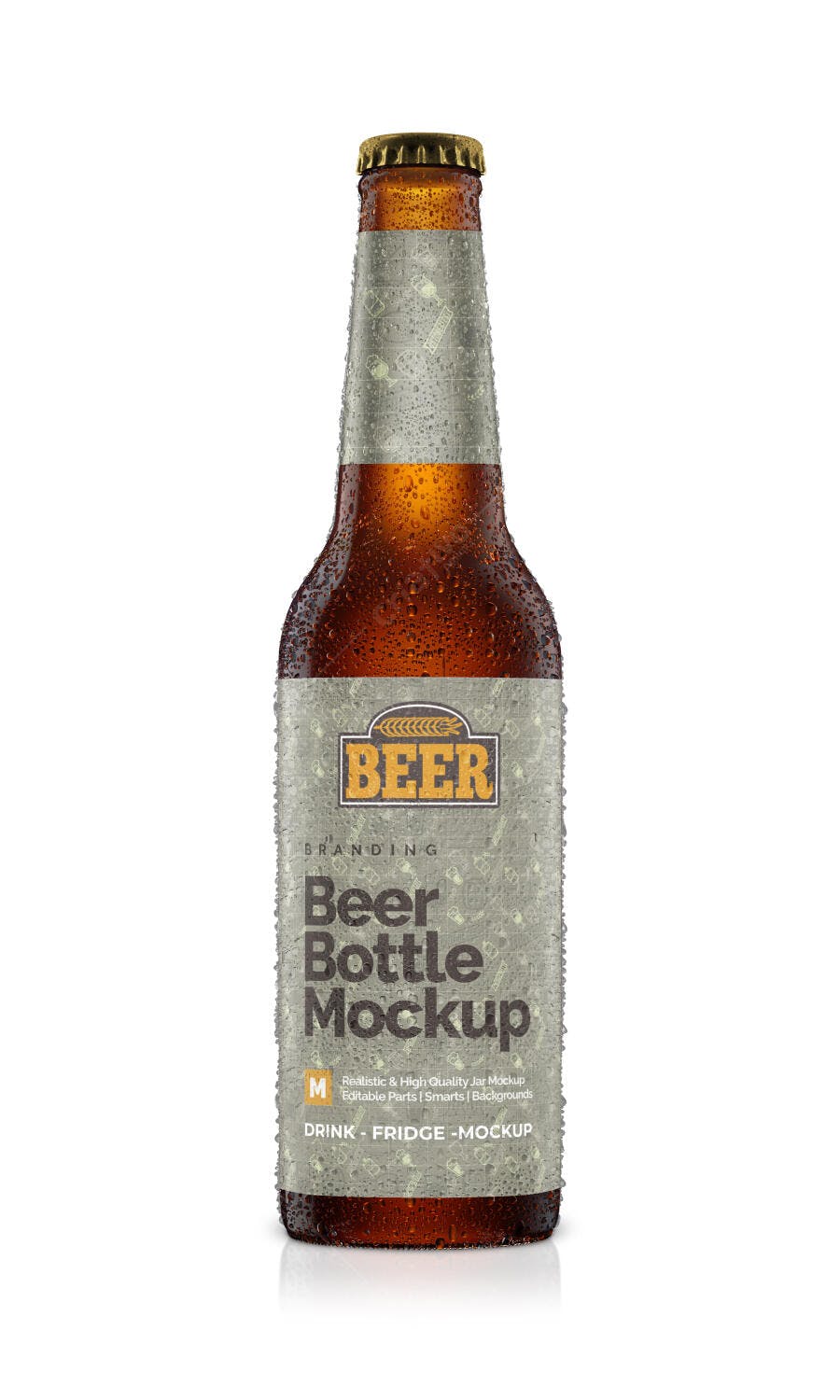 Mockup Realista Garrafa de Cerveja Âmbar com Gotas Editável