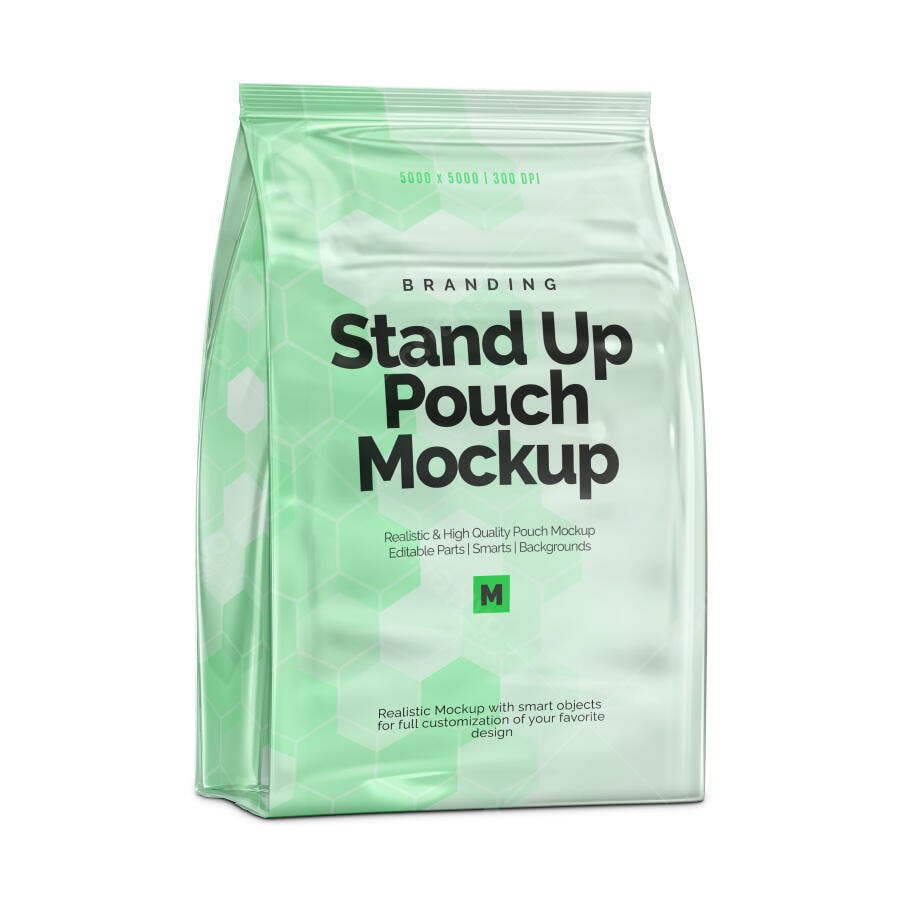 Mockup Stand Up Pouch Plástico Transparente Frontal Editável