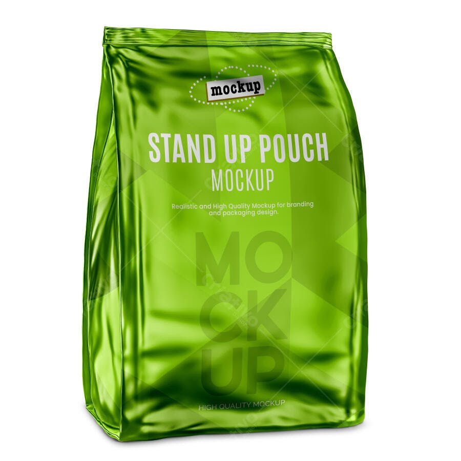 Mockup Stand Up Pouch Verde Embalagem Plástica Editável
