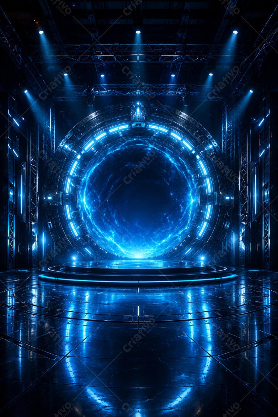 Cenário Palco Futurista Azul Neon com Portal Energia