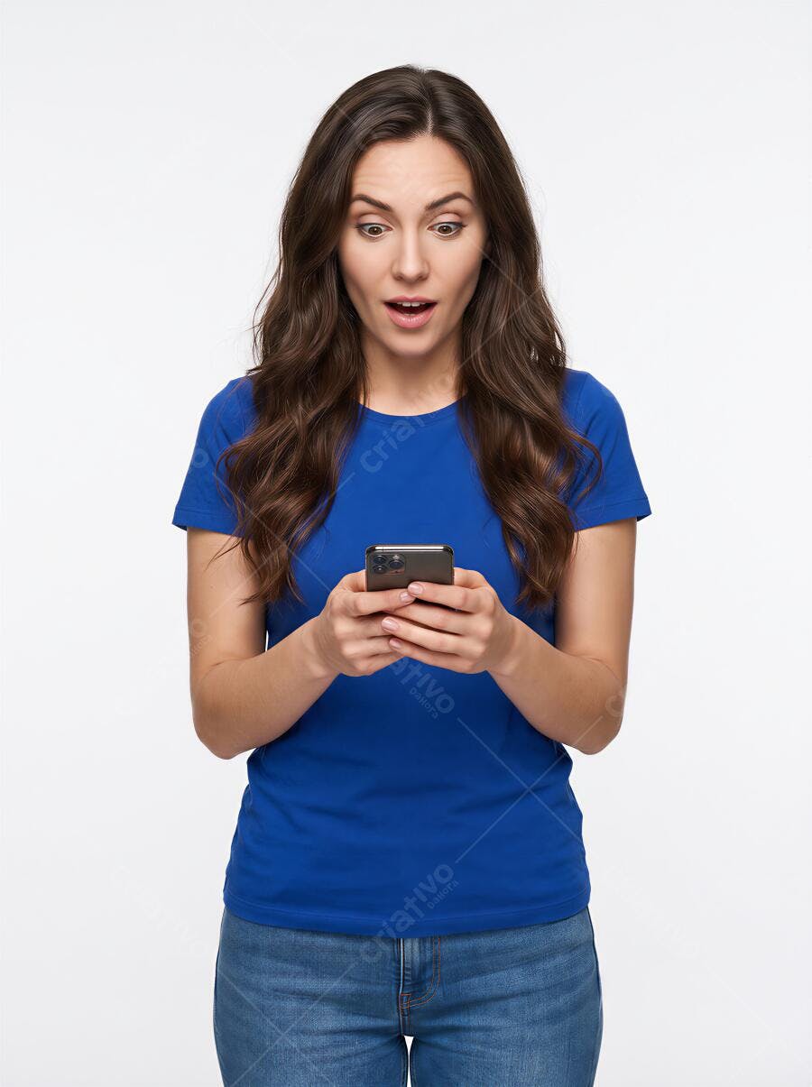 Foto Mulher Surpresa Olhando Celular Fundo Branco Estúdio