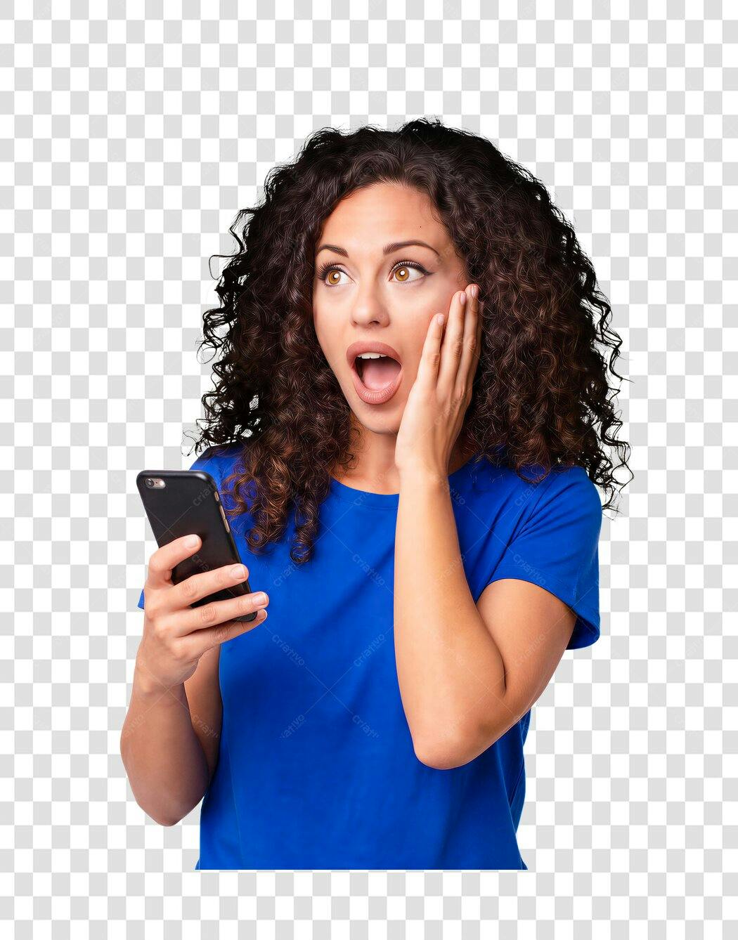 Foto Recortada Mulher Chocada Celular PNG Fundo Transparente