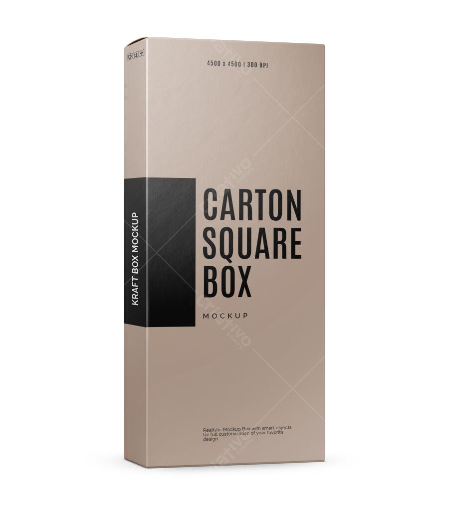 Mockup Caixa Quadrada Kraft 3/4 Fundo Branco Editável
