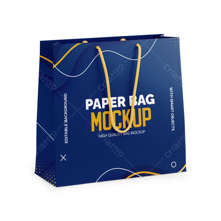 Mockup Sacola Papel Azul Marinho 3/4 Fundo Branco Editável
