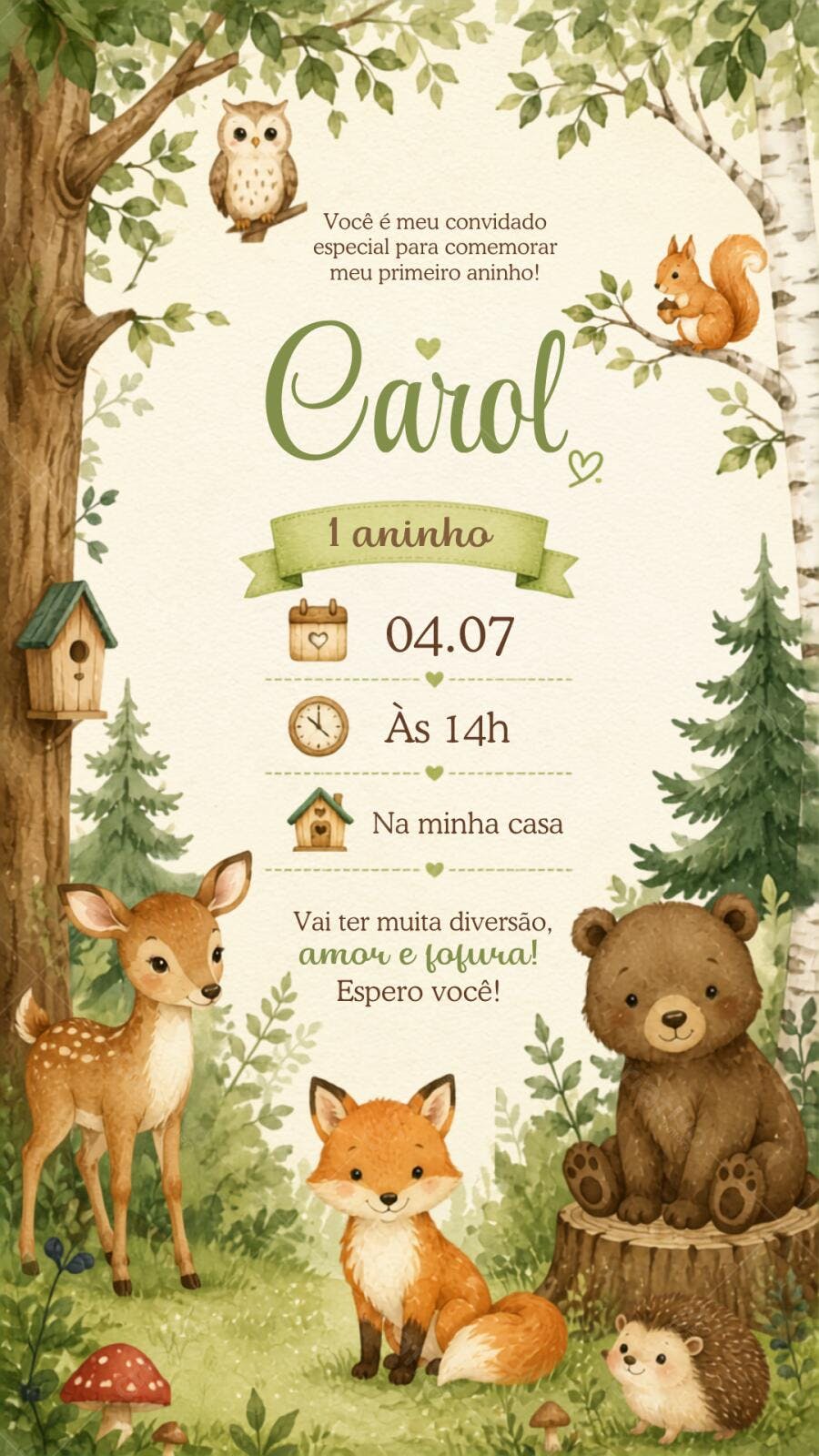 Convite Aniversário Floresta Encantada Animais 1 Aninho Editável