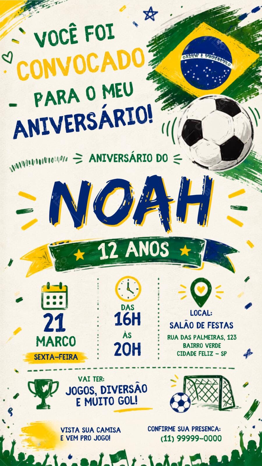 Convite Aniversário Futebol Brasil 12 Anos Editável