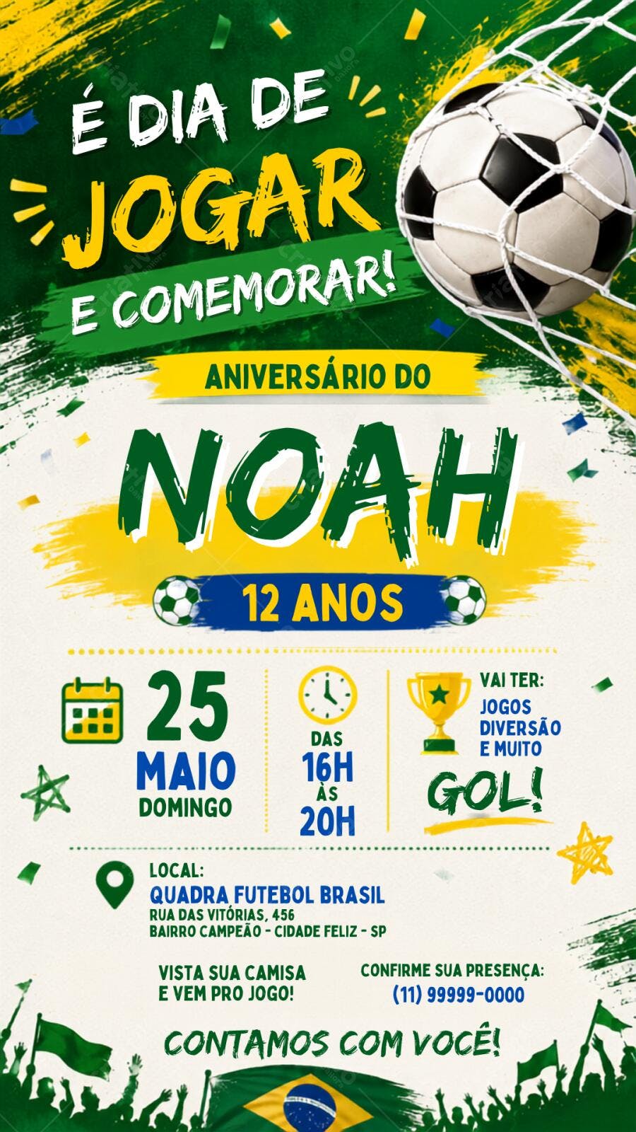Convite Aniversário Futebol Brasil 12 Anos Editável