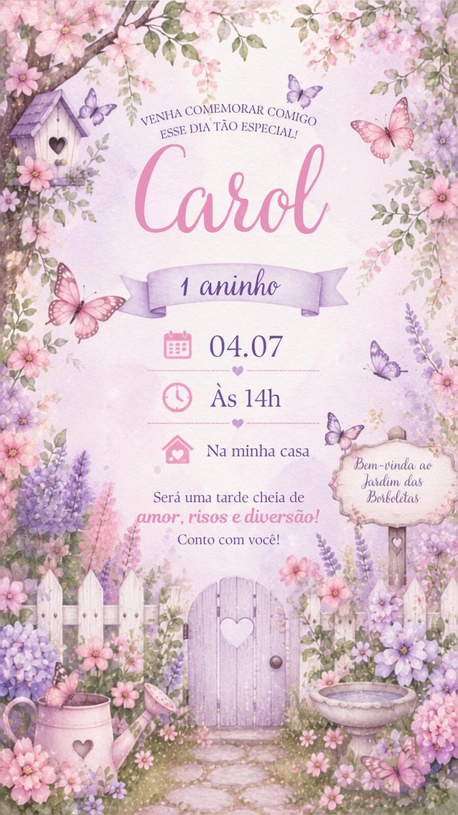 Convite Aniversário Jardim Encantado Borboletas 1 Aninho Editável