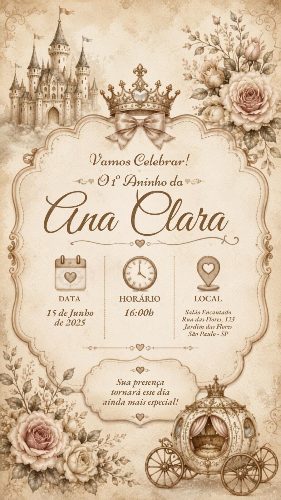 Convite Aniversário Princesa Castelo 1 Ano Editável