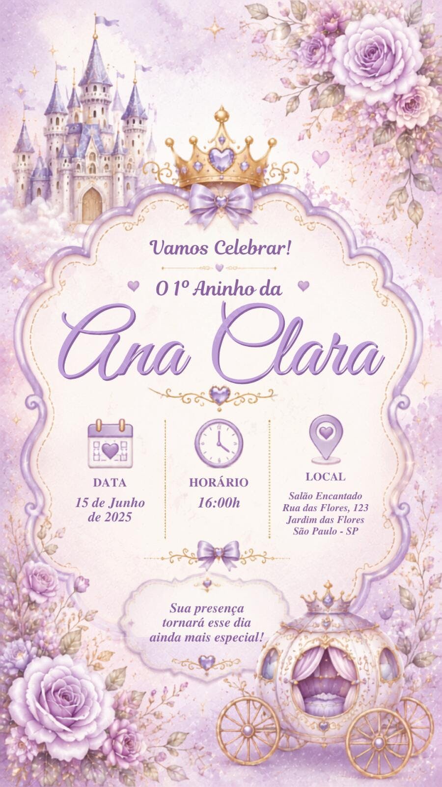 Convite Aniversário Princesa Castelo Lilás 1 Ano Editável