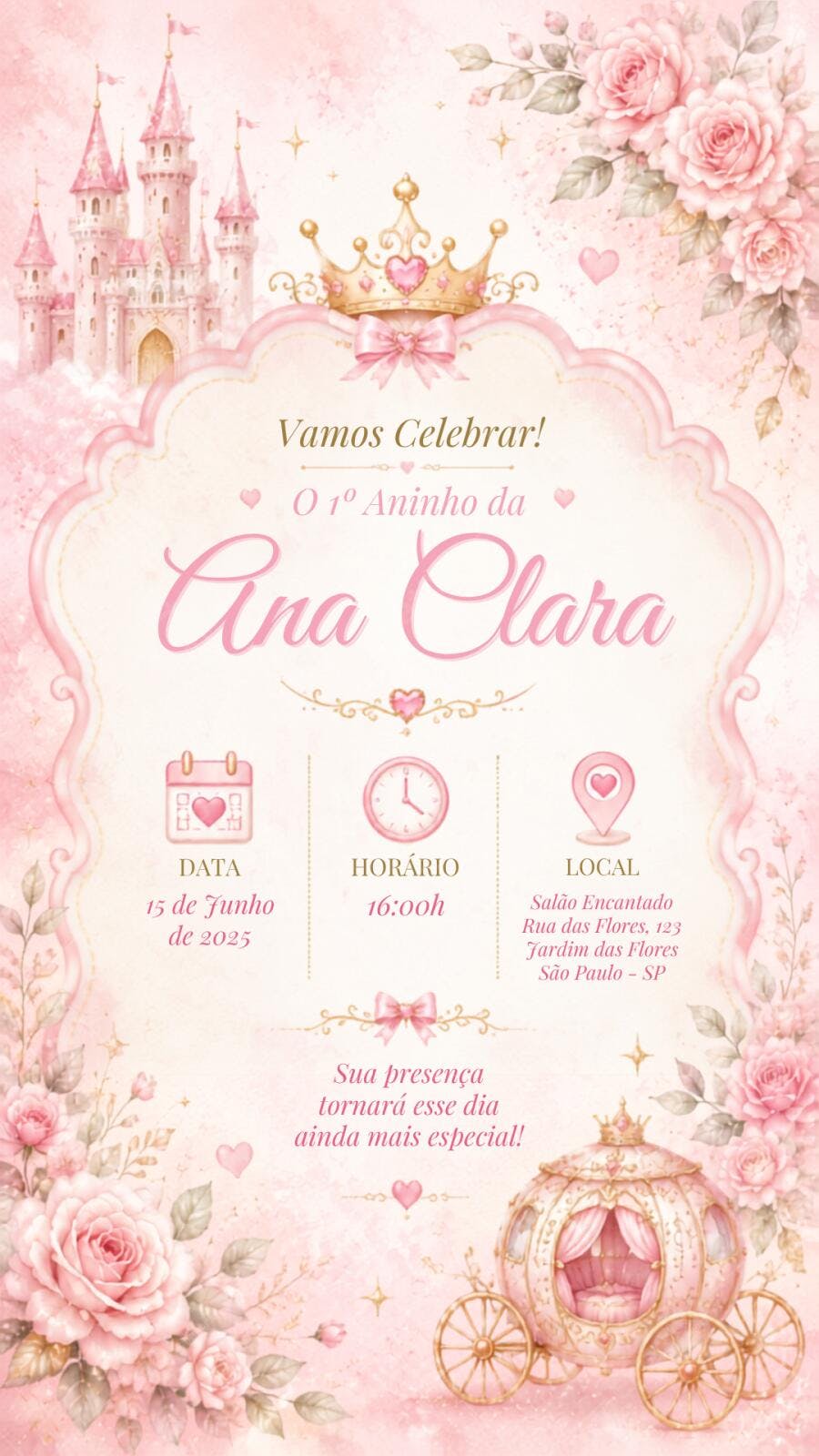 Convite Aniversário Princesa Castelo Rosa 1 Aninho Editável