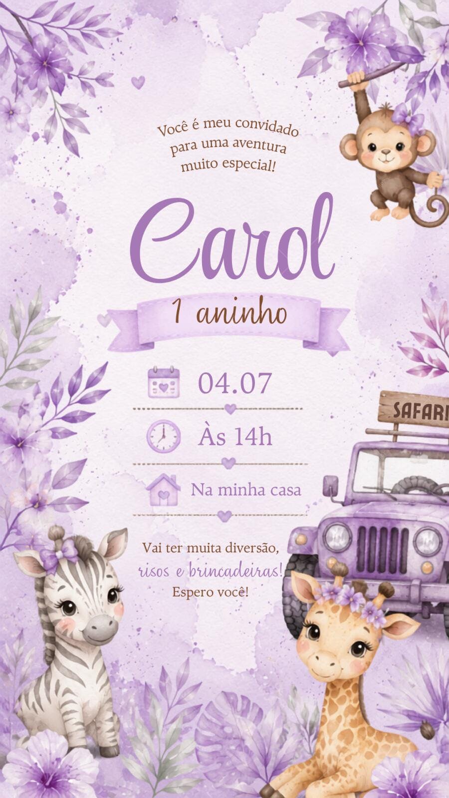 Convite Aniversário Safari Menina 1 Aninho Roxo Editável