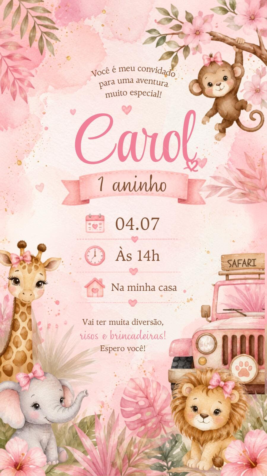 Convite Aniversário Safari Rosa 1 Aninho Menina Editável