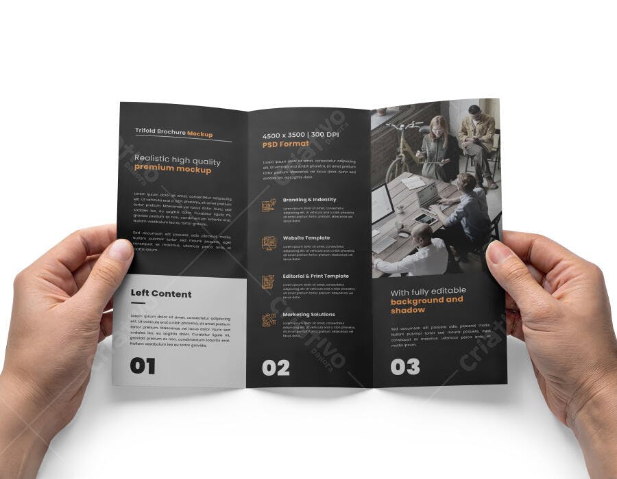 Mockup Folder Tri-Fold Mãos Segurando Fundo Branco Editável