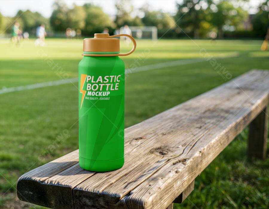 Mockup Garrafa Plástica Esportiva Banco Madeira Editável